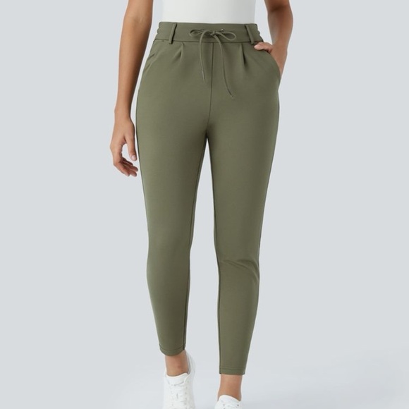 Halara Flex Midrise Drawstring Side Pocket Ankle Length Work Tapered Pant Green - Picture 2 of 15